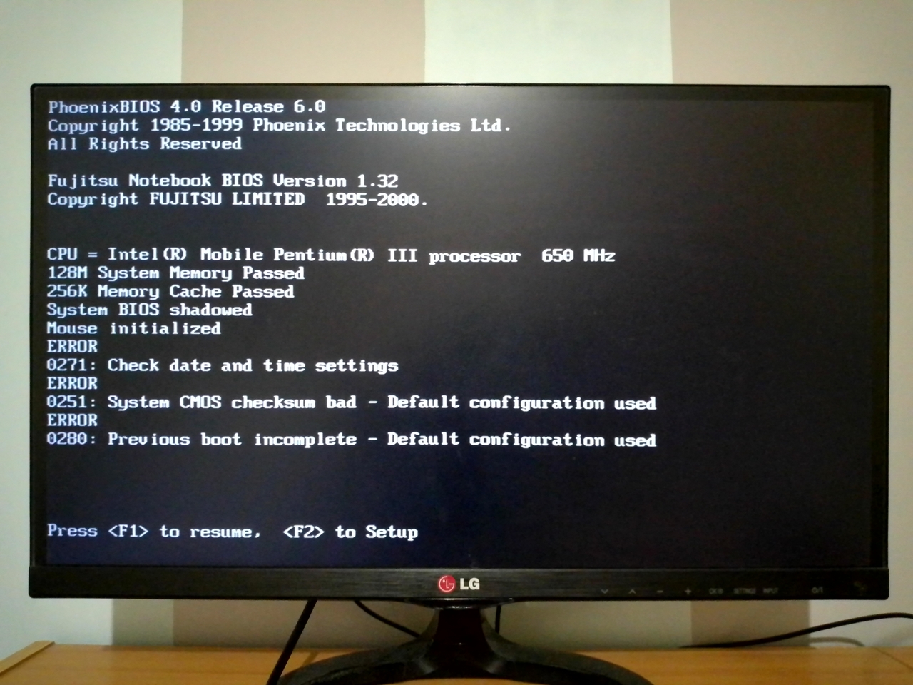 Fujitsu FMV-Biblo NE6/650R: ошибка CMOS памяти