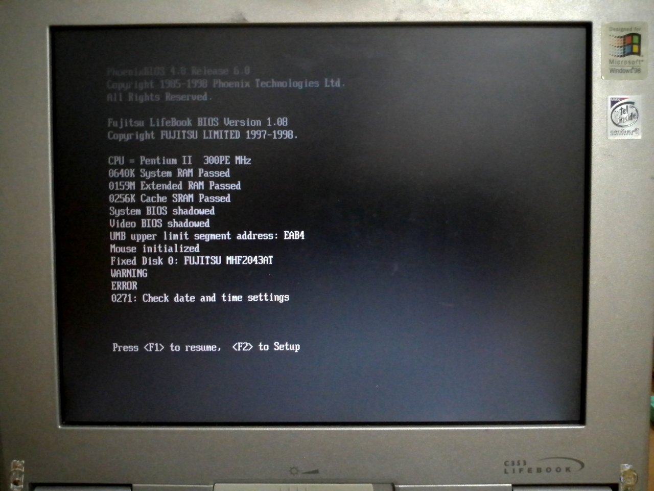 Fujitsu LifeBook C353: информация при старте